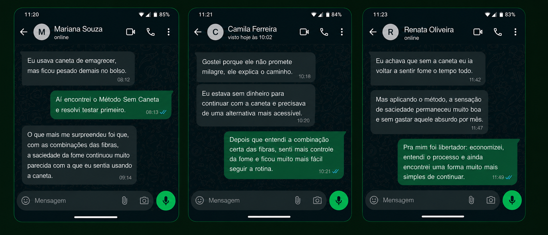 Simulação de conversas em estilo print do WhatsApp sobre o Método Sem Caneta